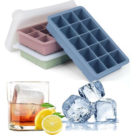 Lot de 3 bacs à glaçons avec couvercle et pince - 45 cubes - Grand bac à glaçons en silicone souple - Sans BPA et facile à démouler - Pour congélateur, whisky, cocktail, boissons, souper (1/5)