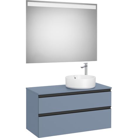 Pack meuble "The gap" 1000 pour vasque à droite - 2 tiroirs + plan + miroir LED - bleu mat/ poignées noires - Roca (1/2)
