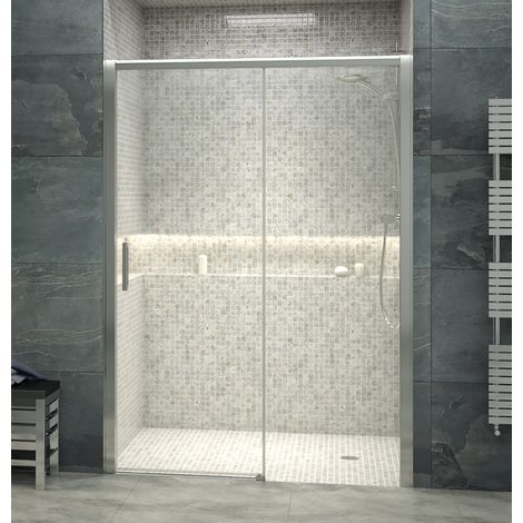 Mampara de ducha frontal de 1 hoja fija y 1 puerta corredera - Cristal de Seguridad de 6 mm - Modelo BOSTON de 115 - 120 cm - TRANSPARENTE (1/2)