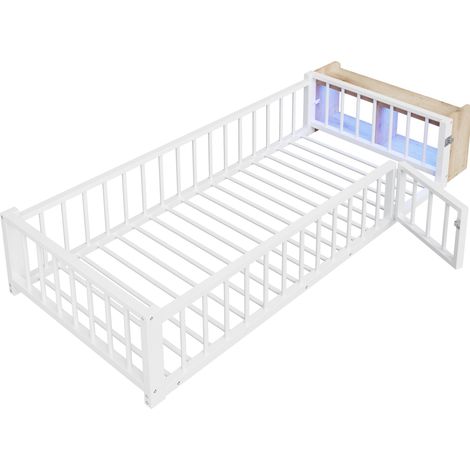 Metall-Kinderbett 90 x 200 cm mit Schutzgitter, offenem Stauraum und LED, Weiß (1/5)
