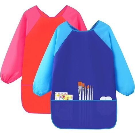 (Rouge et bleu)2PC Blouse Peinture Enfant 5-10 an,Tablier avec 3 Poches et Manches Longues,Tablier Artisanal Enfant,Tablier de Peinture Imperméable (1/4)