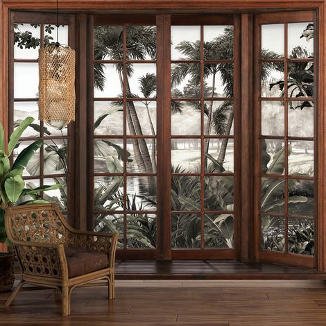 Papier peint panoramique Trompe l'oeil Fenêtre en bois - Forêt Tropicale - 130 cm x 104 cm (1/5)