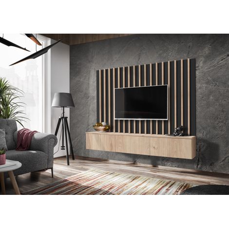 Paris Prix – Ensemble meuble TV 180cm – Panneaux stratifiés – Finition mate – Système d'ouverture push & touch – Naturel et noir (1/3)