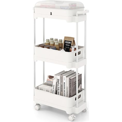 COSTWAY Carrello a 3 Livelli con Ruote Bloccabili, Carrello di Stoccaggio con Coperchio e Scaffali Rimovibili, Struttura in Lega di Alluminio, per Soggiorno Cucina Ufficio, 46x21x82 cm (1/5)