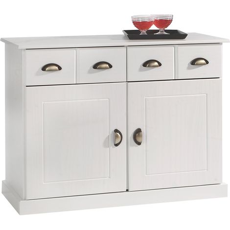 Idimex – Buffet blanc en pin massif – 2 tiroirs et 2 portes battantes – Dimensions monté 78x91x39 cm – Style traditionnel pour salle à manger (1/3)