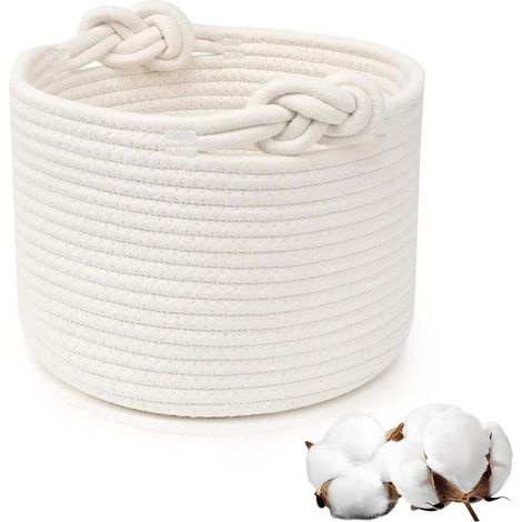 Panier à linge en coton tissé avec poignées – Corbeille de rangement empilable pour vêtements, jouets, linge, salon et chambre (blanc) (1/5)
