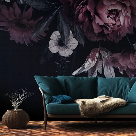 Fotomural Profhome 382791 papel pintado vinílico estampado en caliente tejido non tejido liso con dibujo floral mate negro rojo blanco verde 3,71 m x 2,8 m