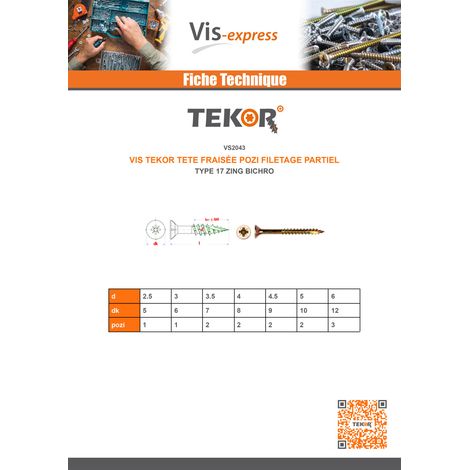 Vis bois TEKOR Tête fraisée Pozi N°3 6X120 Filetage partiel Pointe antifendage type 17 Bichromaté - 1 pièce