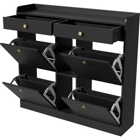 Schwarzes Schuhregal mit 4 Klappen, 2 Schubladen und 3 offenen Fächern, 110 x 26 x 100 cm (1/5)