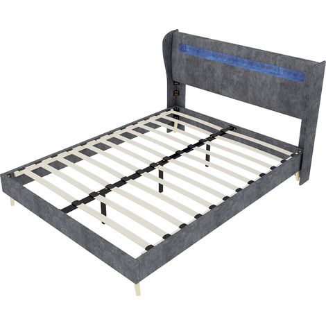 Cama tapizada moderna 140 x 200 cm gris con cabecero LED integrado (1/5)