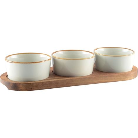 Service Apéritif 3 Coupelles en Céramique et Plateau en Bois Blanc et Naturel 29x10x5,1 cm - PANGIVO (1/3)