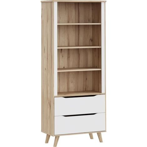 Bibliothèque - VANKKA - 4 étagères - 2 tiroirs - Chêne / Blanc - 87,7 x 41,7 x 201,5 cm (1/5)
