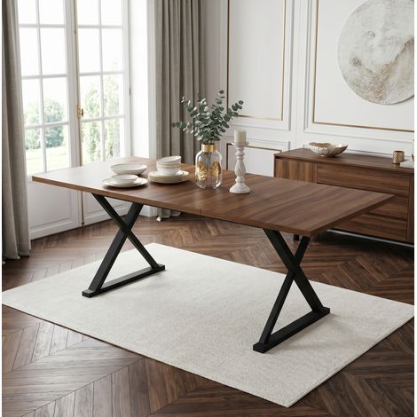 MODFU – Tavolo da pranzo 180x90x75 cm in MDF con gambe in metallo a X e linee pulite, per 6-8 persone e carico 60 kg – Noce (1/5)
