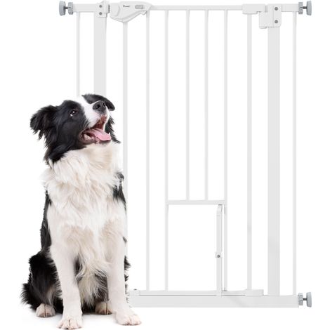 Barrière blanche extensible pour chien 74 à 80x91,4 cm avec petite porte, fermeture auto et double verrouillage pour couloir, accessoire sécurité design sobre pratique et ajustable