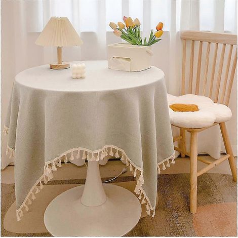 Nappe ronde en coton et lin avec franges lavable coloris uni pour la décoration de la cuisine et de la salle à manger - 60 x 90 cm - Gris et blanc (1/5)