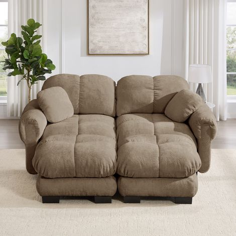 Canapé modulaire 2 places en U marron en chenille, finition piquée, coussins épais, pouf mobile inclus, montage simple pour salon (1/5)