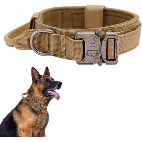Collar táctico para perros - Collar de estilo militar con asa de control, collar ajustable de nailon acolchado para perros medianos y grandes para entrenamiento (XL, marrón) (1/3)