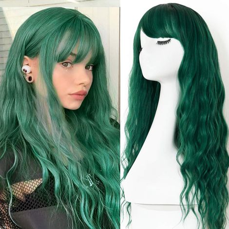 Perruque avec frange, ombrée vert foncé, cheveux longs, ondulés et bouclés, en fibre synthétique, sans colle, racines foncées, sans dentelle, 66 cm (26 pouces) (1/2)