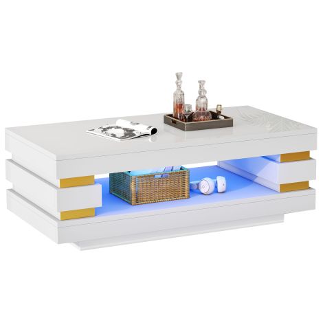Table basse blanche brillante LED, structure étagée pour petit salon
