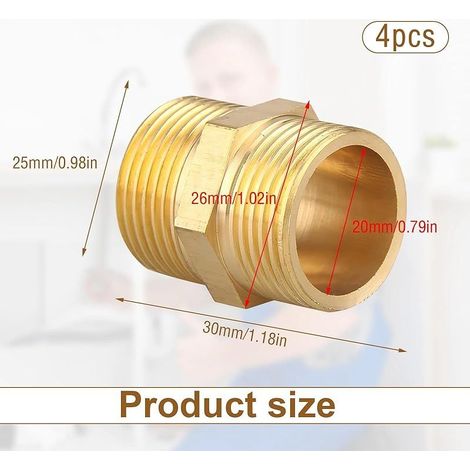 4 Pièces Mamelon Double 3/4 Laiton, Raccord Laiton Mâle-mâle 3/4", Raccord à Double Filetage, Structure Hexagonale, pour Tuyaux, Systèmes de Chauffage, Systèmes D'irrigation (1/5)