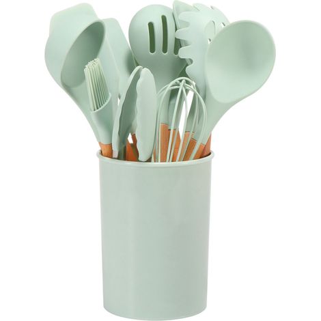 11 Pièces Ustensiles de Cuisine en Silicone Résistant à la Chaleur avec Manches en Bois et Seau de Rangement pour Camping Vert Clair (1/5)