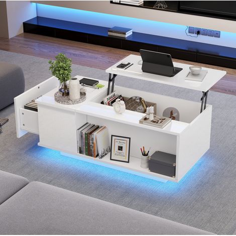 Table basse en panneaux de particules blanc brillant 100 x 50 cm relevable avec rangement caché, tiroir et LED (1/5)