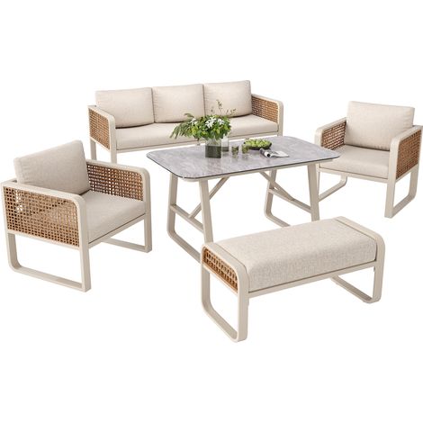 Salon de Jardin 5 Pièces - Canapé 3 Places 178x61x76 cm + 2 Fauteuils + Banquette + Table 110x59x71,5 cm - Rotin PE - Coussins Lavables - Gris (1/5)