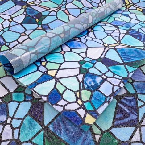 Film de vitre adhésif 45x180cm, déco bleue galets, sticker occultant pour fenêtre, autocollant imperméable à motif, protection privée (1/5)