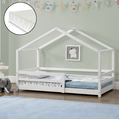 Letto per Bambino a Forma di Casetta con Barriere di Sicurezza e Materasso Ortopedico 90 x 200 cm Lettino in Legno di Pino con Sponde - Bianco (1/5)