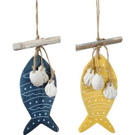 Decoro in legno pesce e conchiglie