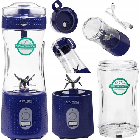 Licuadora portátil recargable de 380 ml, USB-C, 2 baterías de 3000 mAh, color azul, Kraft&Dele (1/5)