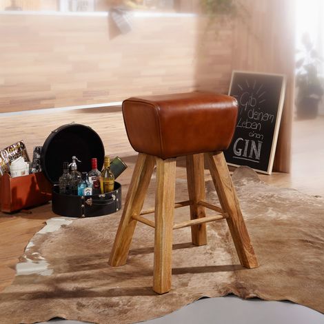 Tabouret de bar 43x43x75 cm en cuir marron et pieds en manguier (1/5)
