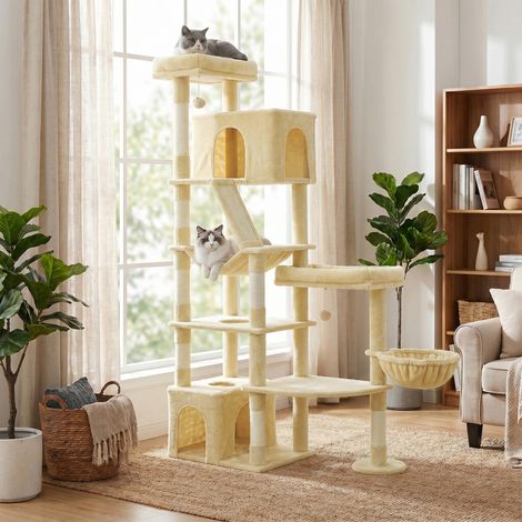 Arbre à Chat 6 Niveaux avec Griffoir, Poteaux en Sisal et Base Renforcée 105 x 45 x 188 cm Beige (1/5)