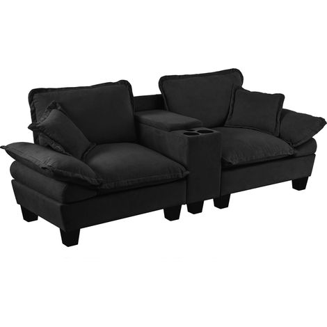 ELVMI Canapé droit modulable 3 Places avec porte-gobelets, rangements et USB, en Chenille, Noir (1/5)