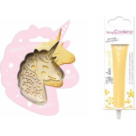 Kit pour biscuit en relief Licorne + Stylo au chocolat jaune pastel