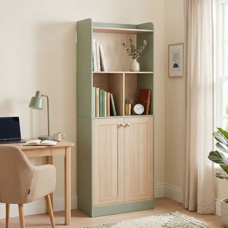 Bibliothèque à 5 niveaux, meuble de rangement, bibliothèque à 2 portes, 60 x 30 x 161,2 cm, bois vert et naturel (1/5)