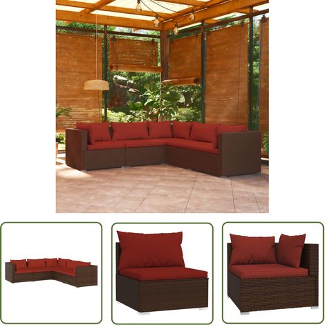 The Living Store Salon de jardin 5 pcs avec coussins résine tressée marron - Meubles De Jardin - Salon De Jardin - Ensemble De Canapés - Canapé D'angle - Canapé Extérieur (1/5)