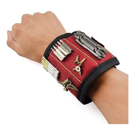 Pulsera magnética con 10 potentes imanes para sujetar tornillos, arandelas, tijeras, herramientas pequeñas y brocas: el regalo ideal para aficionados al bricolaje y profesionales. Color rojo. (1/5)