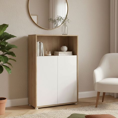 Dmora - Kommode Perrine, Wohnzimmerbuffet, Wohnzimmer-Sideboard, Moderne Küchen-Speisekammer, 80x34 h124 cm, Eiche und Weiß (1/5)