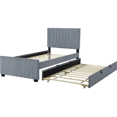 Lit rembourré 90 x 190 cm avec lit gigogne en velours gris (1/5)