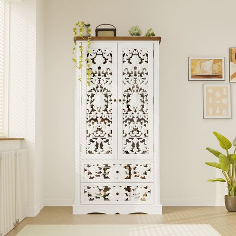Buffet Geschirrschrank mit geschnitzten Türen, Weiß, HDF, 84×40×168 cm (1/5)