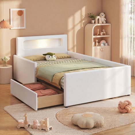 Cama infantil 90x200 cm con luz LED y USB, blanca de polipiel, sin colchón FloraGrace (1/5)