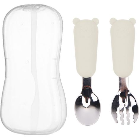 2 pièces Couverts pour enfants, cuillère et fourchette, manche court en acier inoxydable 316, tête en silicone alimentaire, pour bébés et tout-petits (1/5)