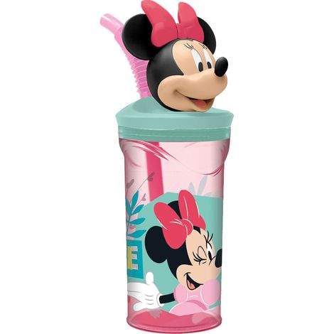 Bicchiere Originale Disney Minnie in plastica da 360 ml per bambini con cannuccia rosa e tappo 3D topolino