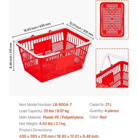 VEVOR Shopping Baskets, 4 PCS, 21L Stackable PE Plastic Grocery Baskets with Handles, Dense Mesh Structure, Holds up to 9.07kg, Portable for Grocery, Retail, Stores, Supermarket, Home Use, Red (1/4)