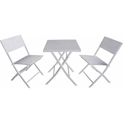 Set Tavolino e 2 Sedie Pieghevoli da Giardino in Acciaio e Rattan Becker Bianco