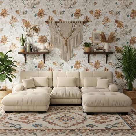 Canapé 3 places, Canapé Modulaire Chenille avec 2 Poufs – Grand Format en U, Convertible en Lit, Confort Profond pour Salon – Crème (1/5)