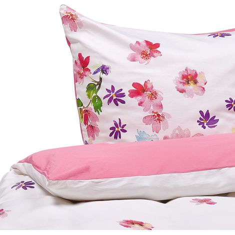 Juego de funda nórdica y funda de almohada blanco y rosa 135 x 200 cm de algodón Larynhill