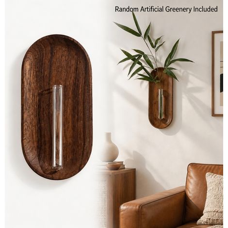 1 piece vase mural en bois noyer, finition ovale, tube en verre, decoration plante murale (1/5)