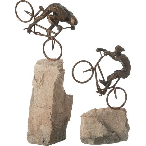 Lot de 2 Statuettes Déco "Cyclistes sur Pierre" 46cm Beige